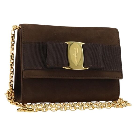 Salvatore Ferragamo Handbags - Authentic Salvatore Ferragamo Vala Chain Shoulder Bag Suede Brown Gold